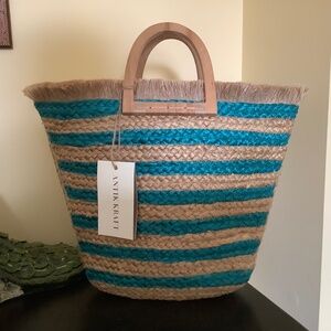 Antik Kraft Stripe Jute Tote Turquoise  OS